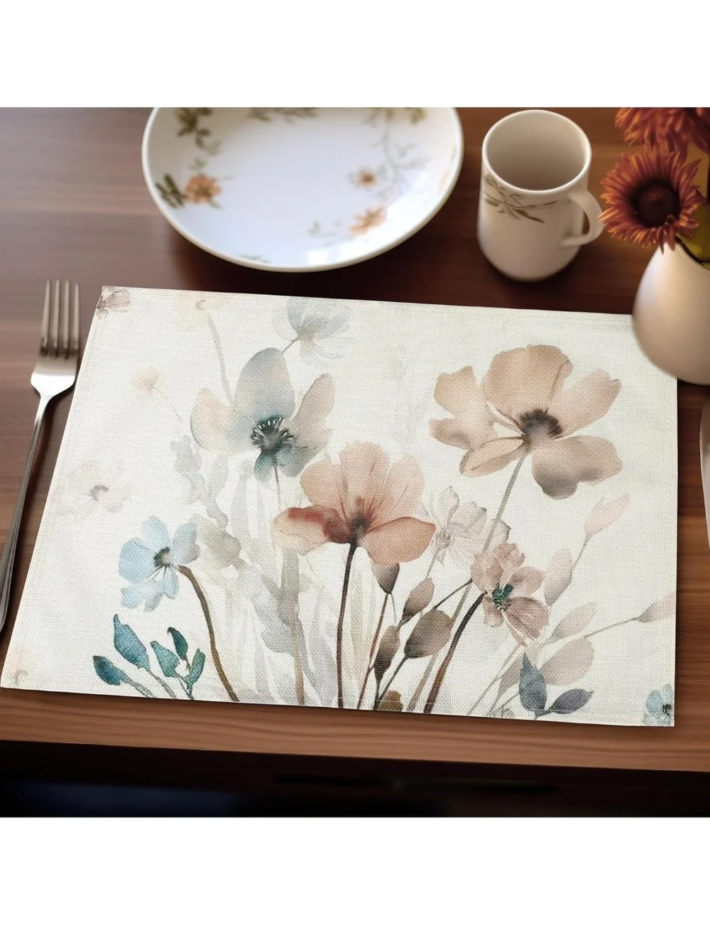 Floral Linen Table Runner Set - Beige & Blue